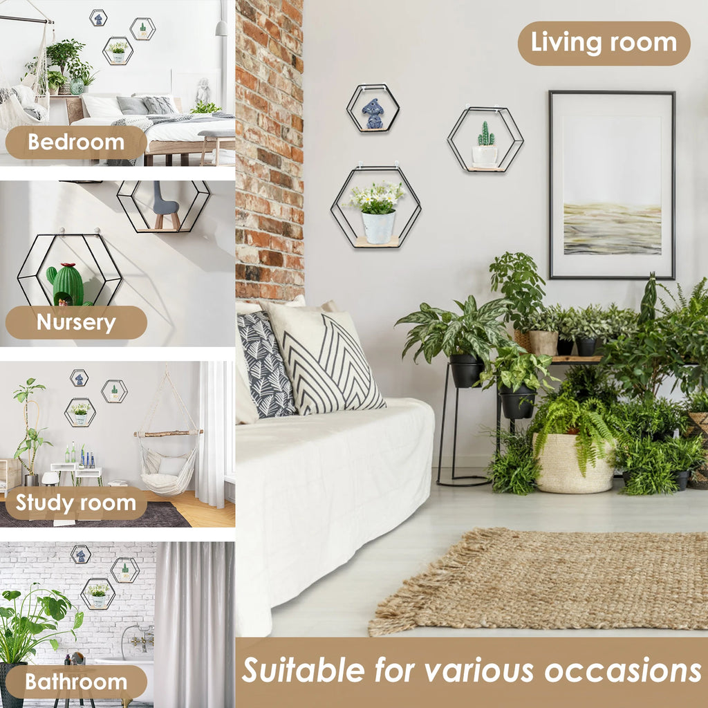 3Pcs Hexagon Wall Floating Shelves – Modern Display & Storage Set
