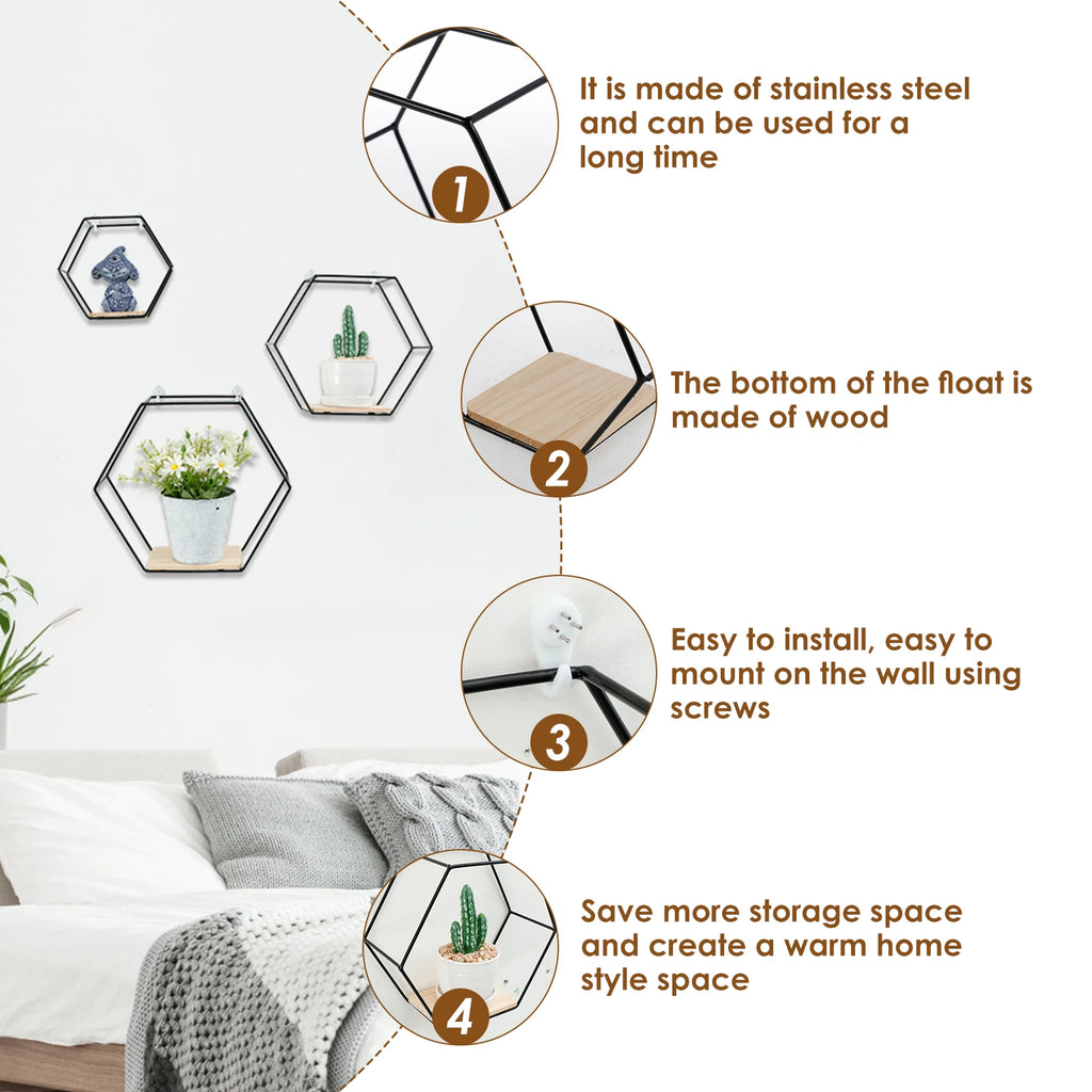 3Pcs Hexagon Wall Floating Shelves – Modern Display & Storage Set