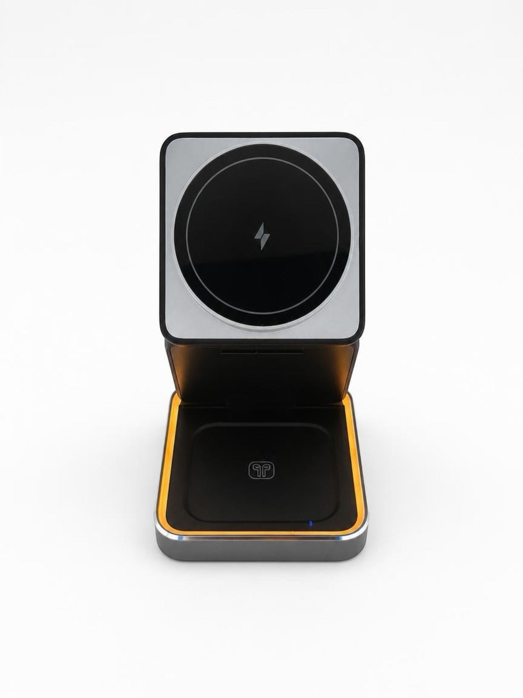 GLOVOYAGE™ 3-in-1 foldable grey wireless charging station with integrated night light for phone, watch, and earbuds.
