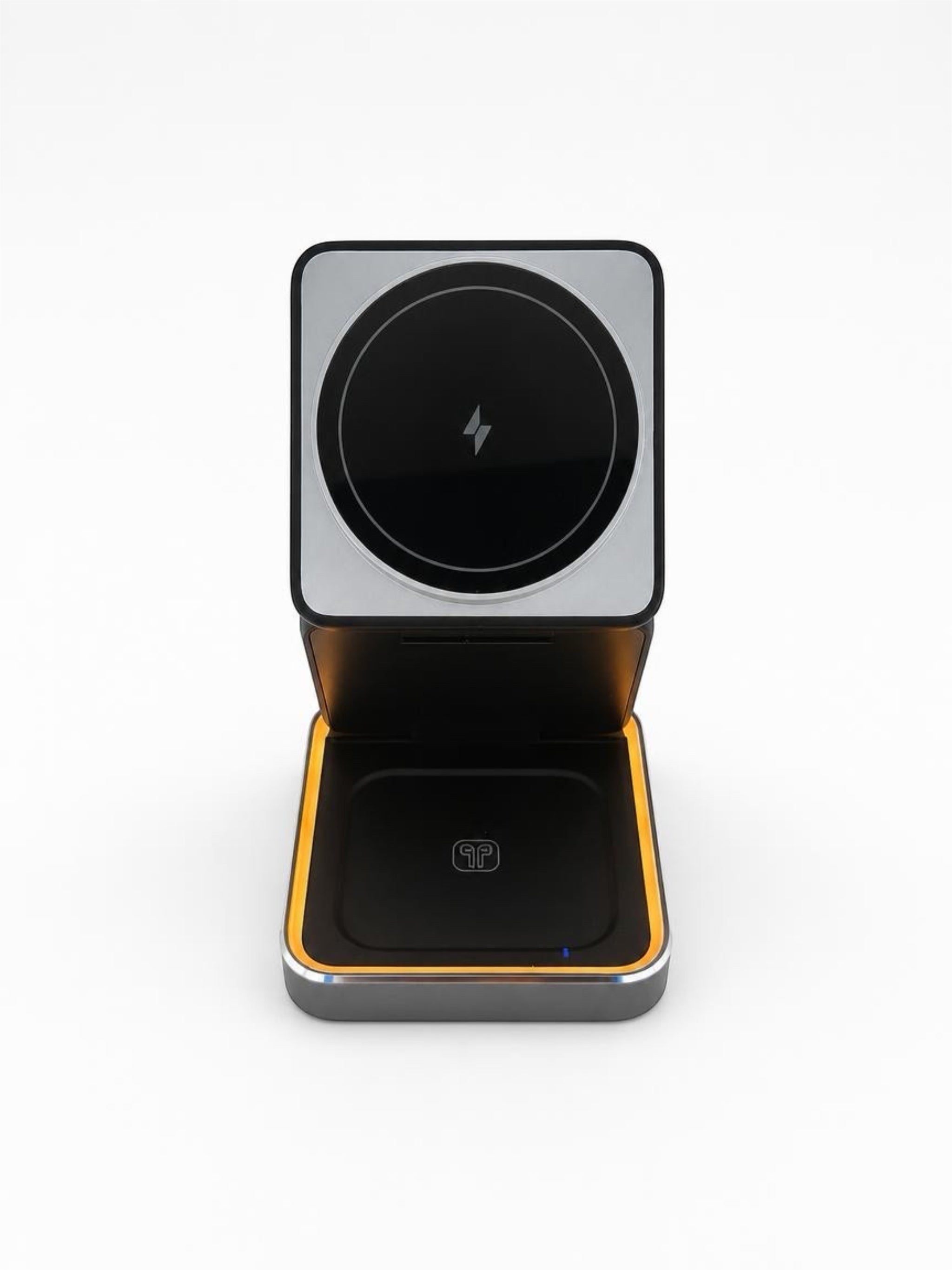 GLOVOYAGE™ 3-in-1 foldable grey wireless charging station with integrated night light for phone, watch, and earbuds.