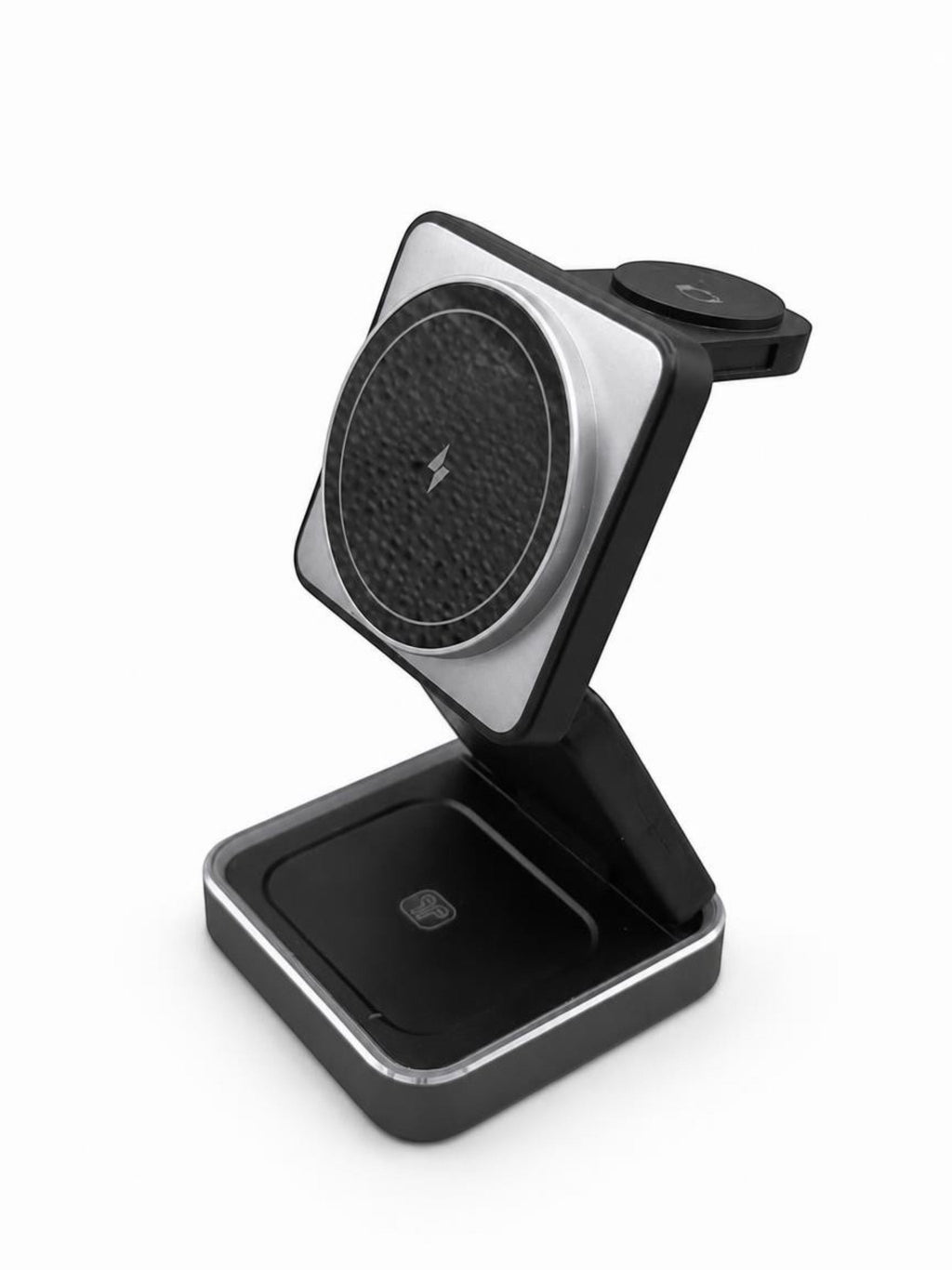 GLOVOYAGE™ 3-in-1 foldable wireless charging station in grey with magnetic phone, watch, and earbud charging pads.