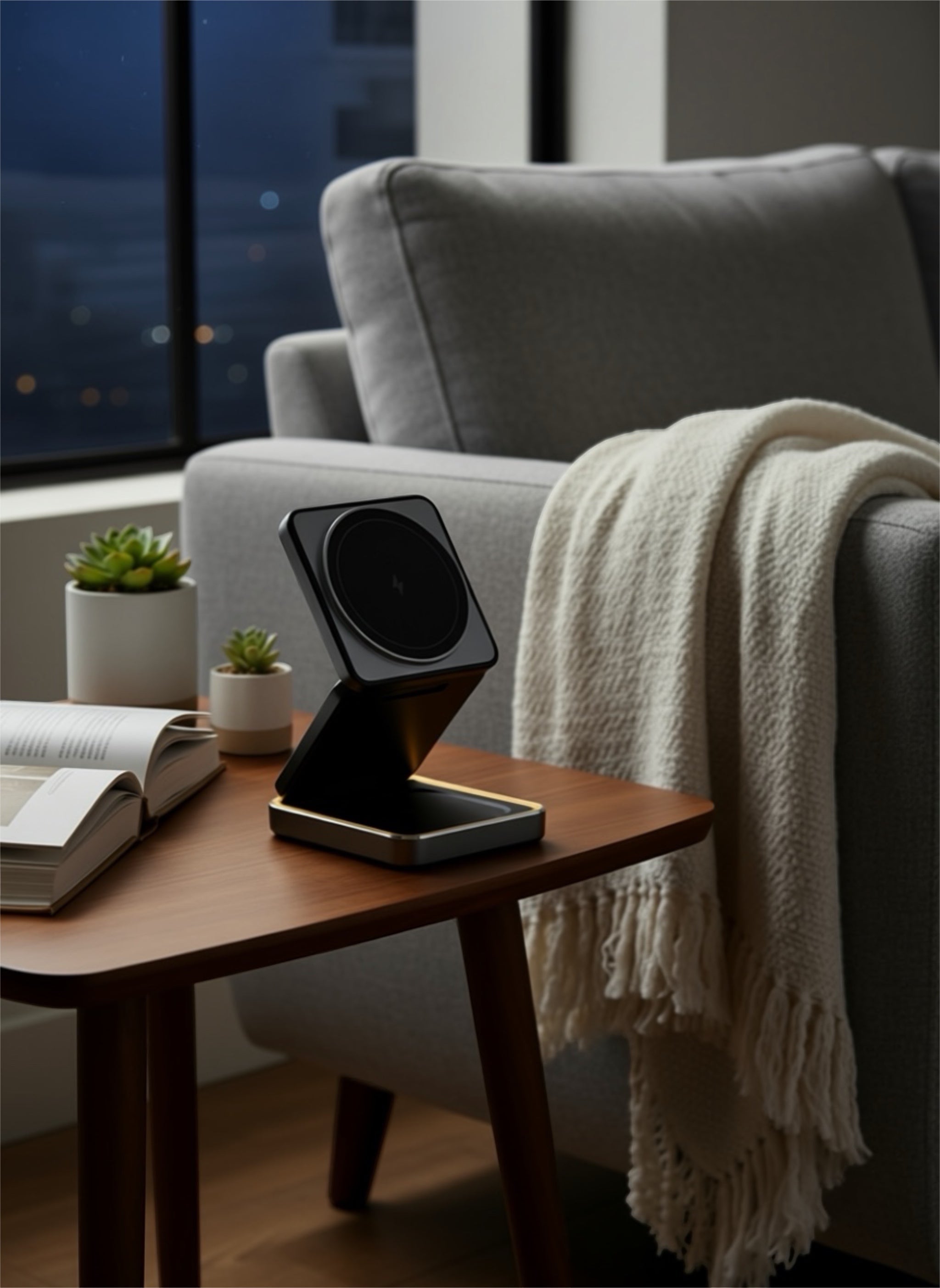 GLOVOYAGE™ 3-in-1 foldable wireless charging station in grey, featuring a sleek metal-paint finish on a wooden table.