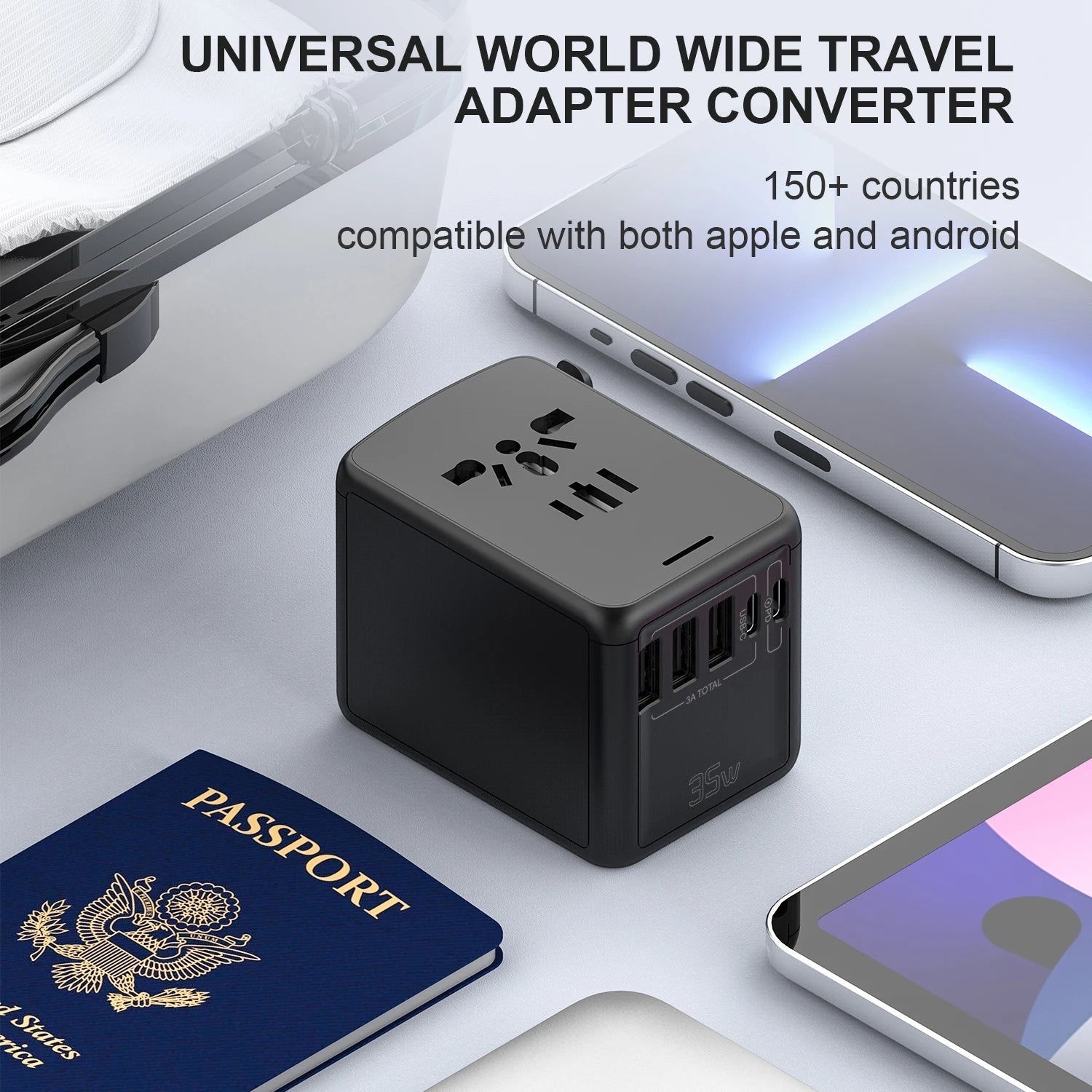 GLOVOYAGE™ 35W universal travel adapter in black with multiple USB-C and USB-A ports, shown with a passport and phone.