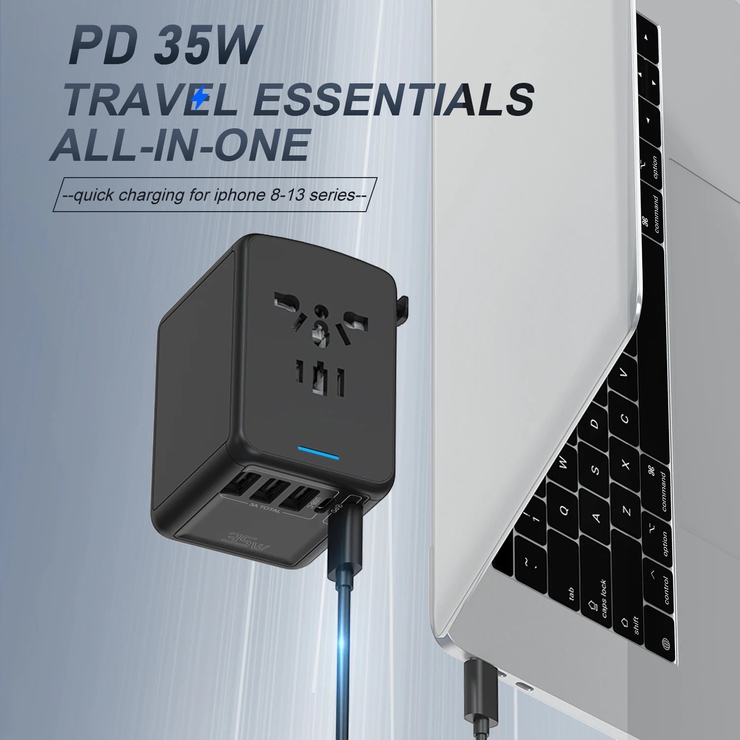 GLOVOYAGE™ 35W universal travel adapter in black with multiple USB-C and USB-A ports charging a laptop