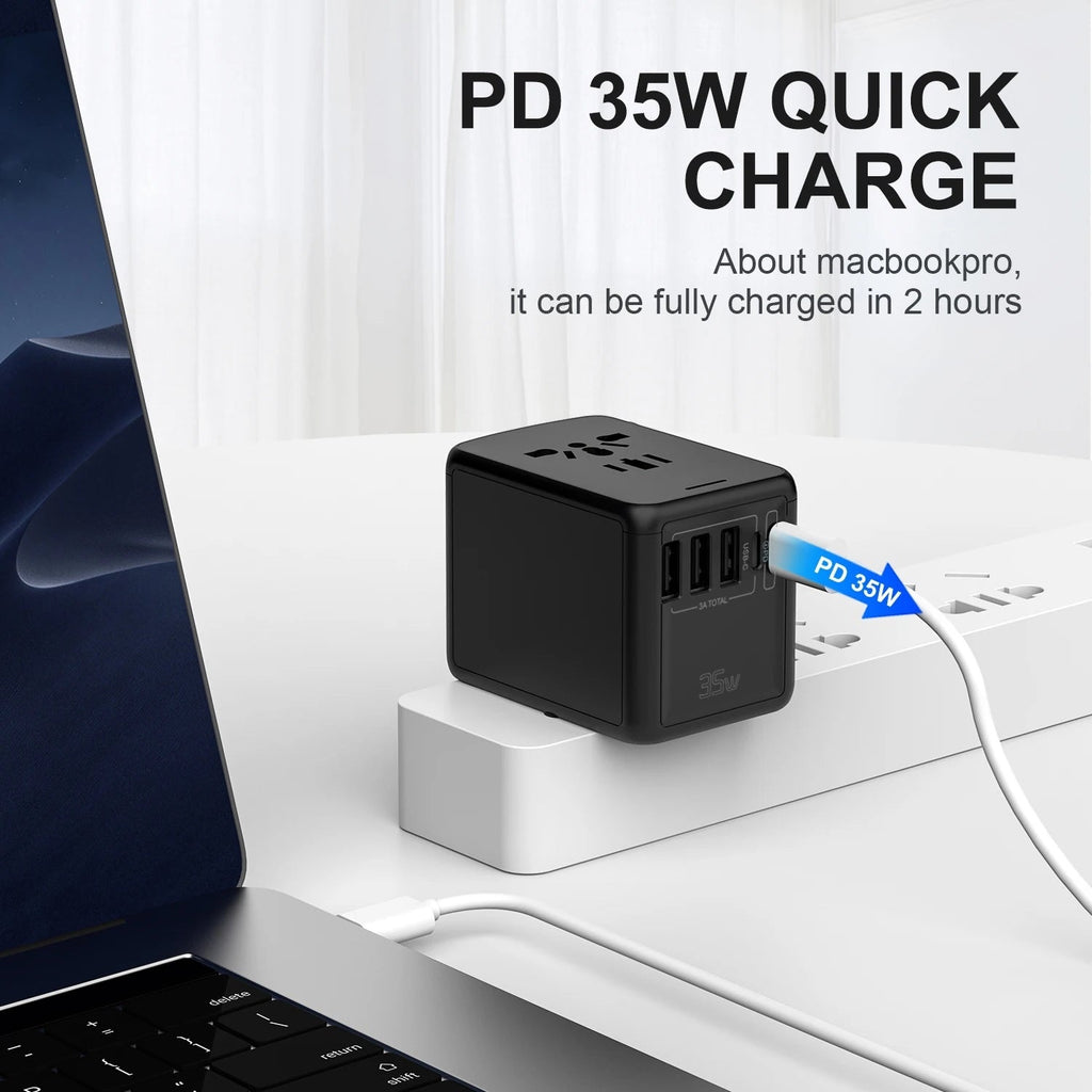 GLOVOYAGE™ 35W universal travel adapter in black, featuring PD fast charging for laptops and multiple USB ports.