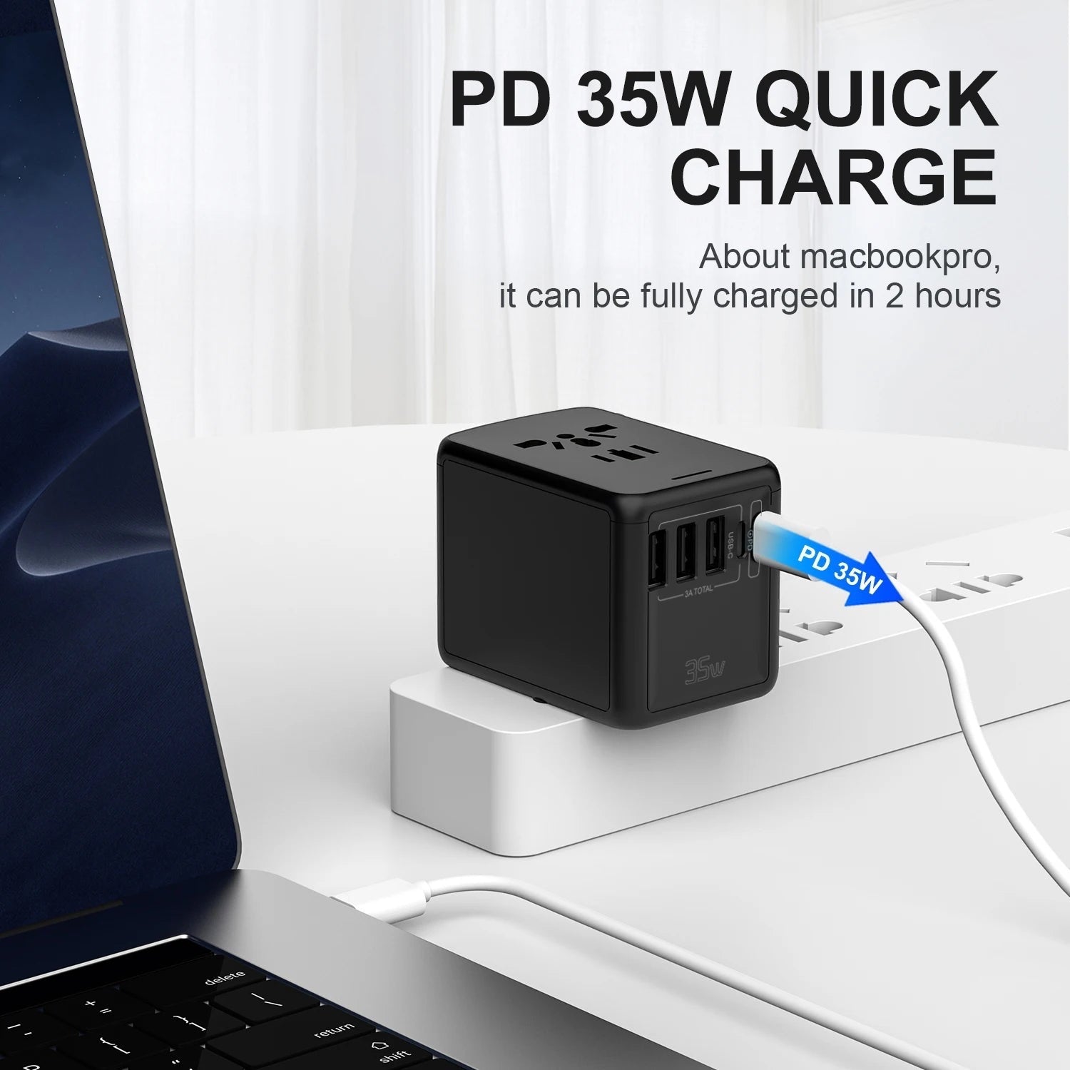 GLOVOYAGE™ 35W universal travel adapter in black, featuring PD fast charging for laptops and multiple USB ports.
