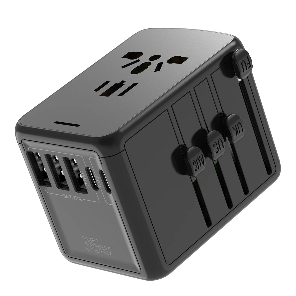 GLOVOYAGE™ 35W universal travel adapter in black with 5 ports and retractable US, EU, UK, and AU plug sliders.