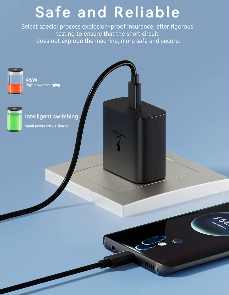 GLOVOYAGE™ 45W GaN fast charger plugged into a wall outlet charging a smartphone with a USB-C cable