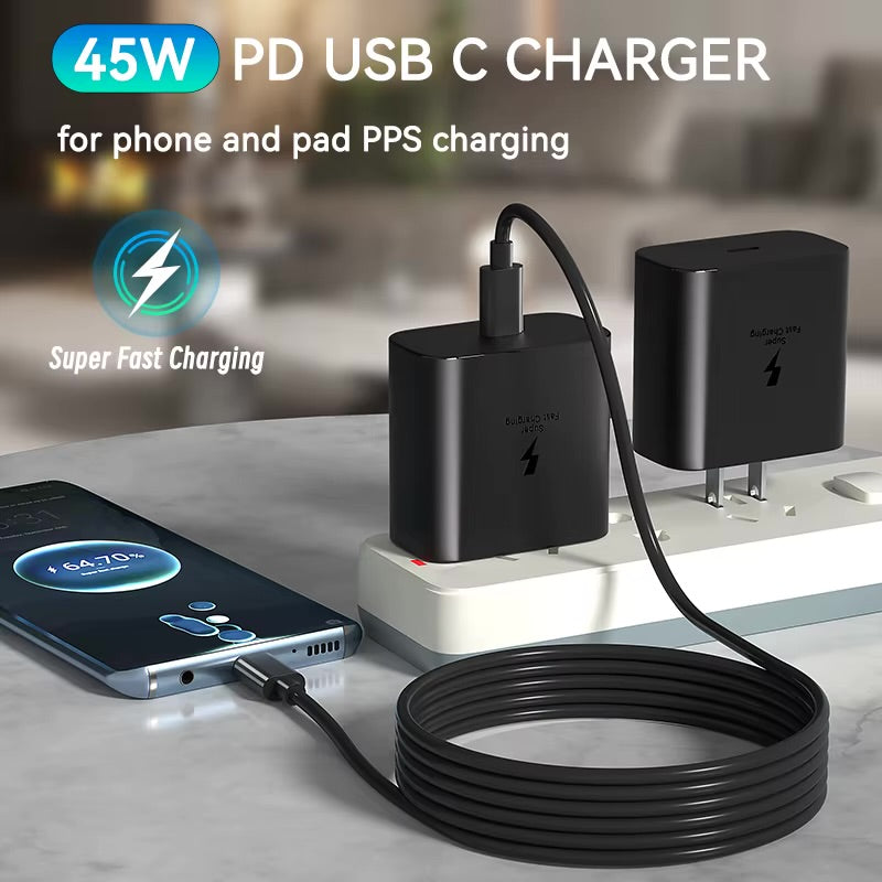 GLOVOYAGE™ 45W GaN USB-C fast charger connected to a smartphone and power strip on a marble surface.