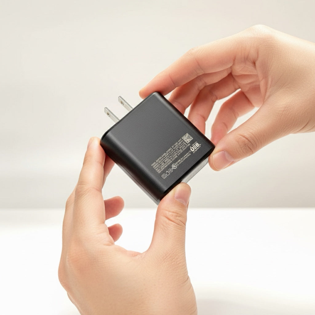 GLOVOYAGE™ 45W GaN fast charger held in hands, showcasing the compact black USB-C power adapter design.