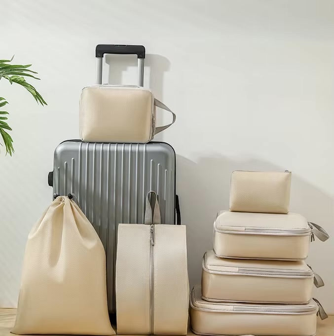 GLOVOYAGE™ 6-piece beige compression packing cube set for travel organization, including shoe and accessory bags.