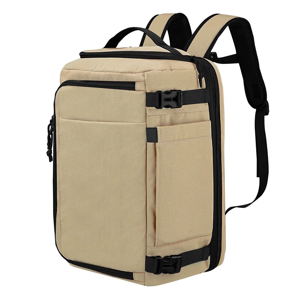 GLOVOYAGE™ water-resistant beige nylon travel backpack with expandable 36-56L capacity and adjustable straps.