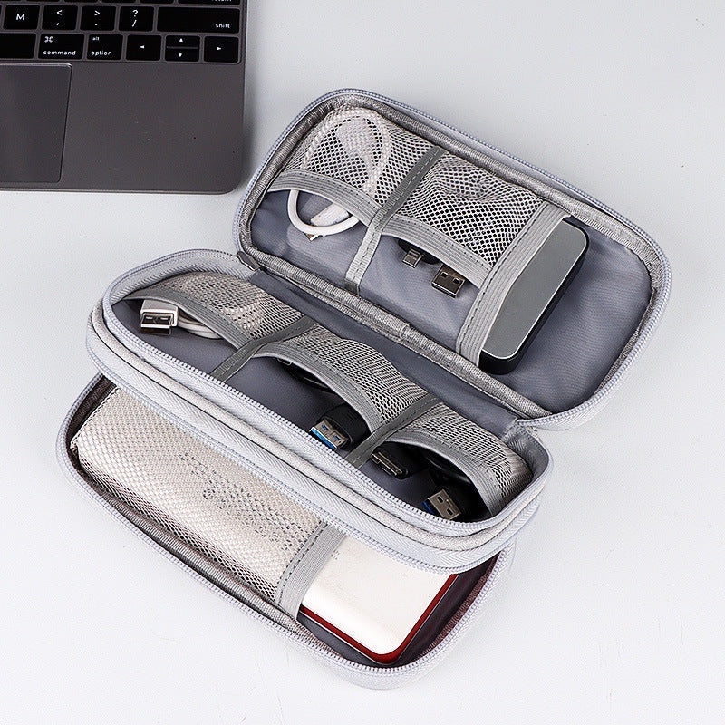 GLOVOYAGE™ black double-layer travel tech organizer with mesh pockets and elastic straps for cables and chargers