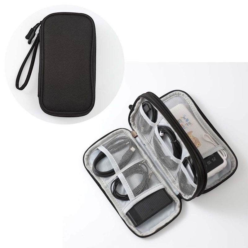 GLOVOYAGE™ black double-layer travel tech organizer with mesh pockets and elastic straps for cables and chargers.