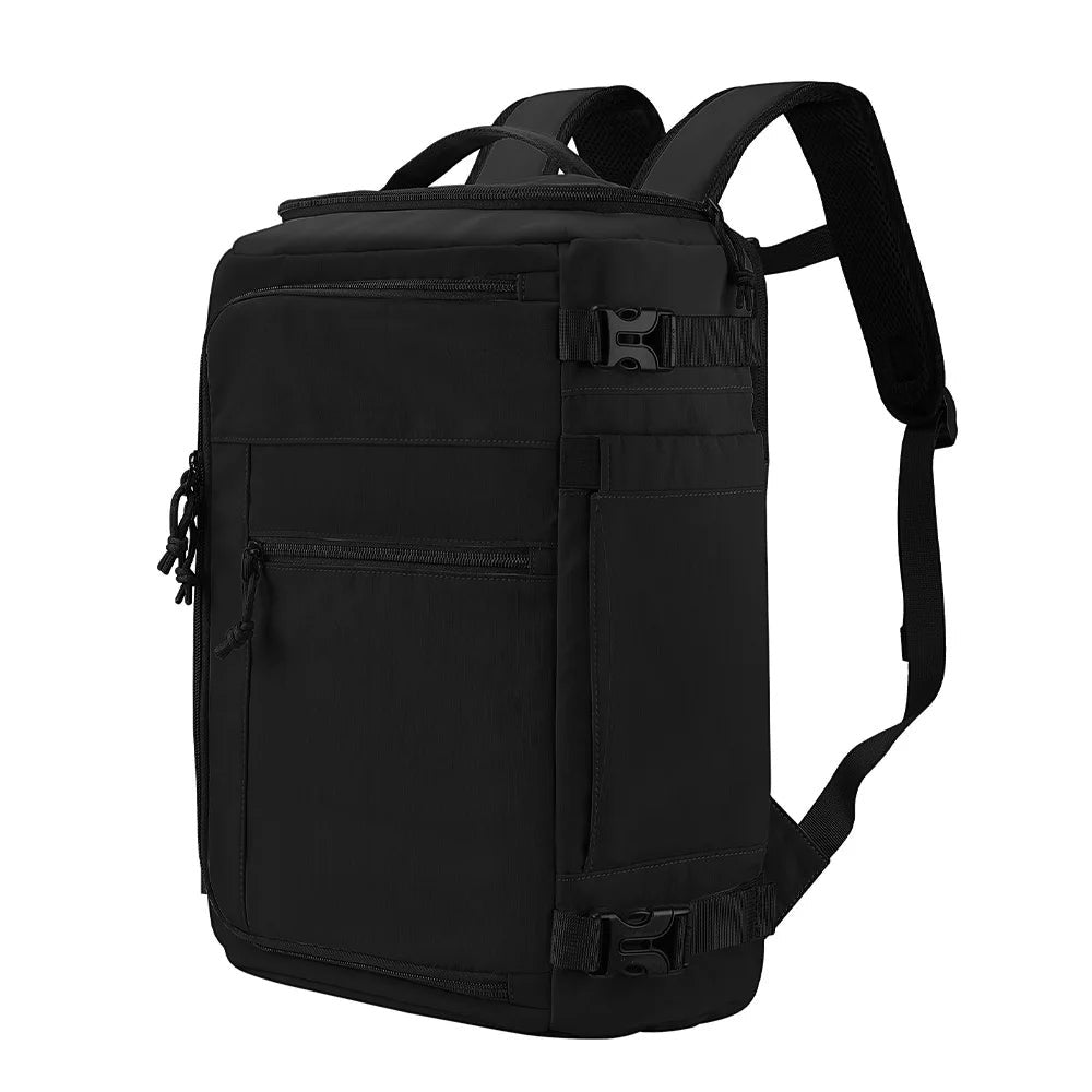GLOVOYAGE™ black water-resistant nylon travel backpack with expandable capacity and adjustable shoulder straps.