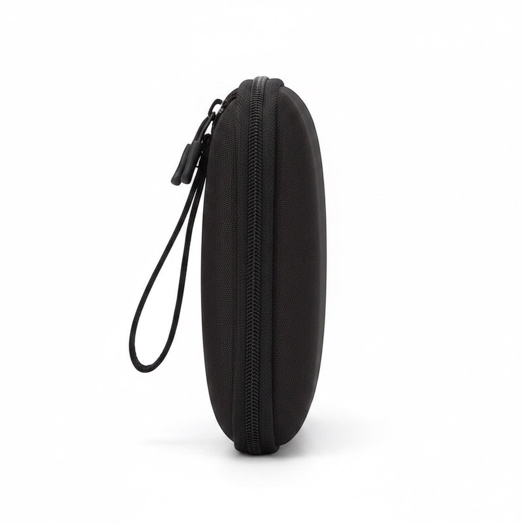 GLOVOYAGE™ black double-layer travel tech organizer bag with a wrist strap, shown from the side view.