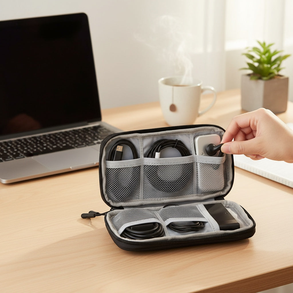 GLOVOYAGE™ black double-layer travel tech organizer bag with mesh pockets and elastic straps holding cables on a desk