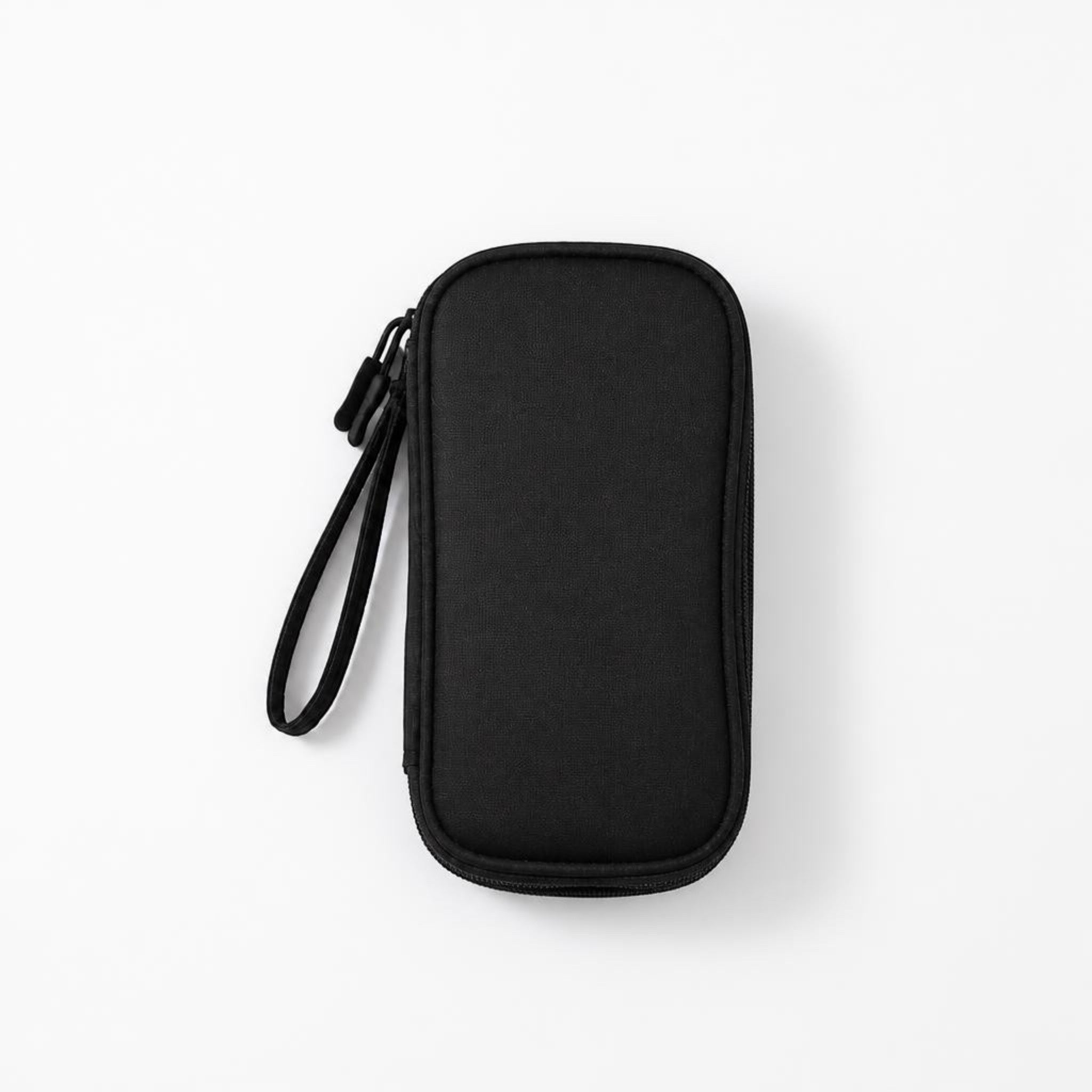 GLOVOYAGE™ black double-layer travel tech organizer bag made of durable Oxford cloth with a convenient wrist strap.