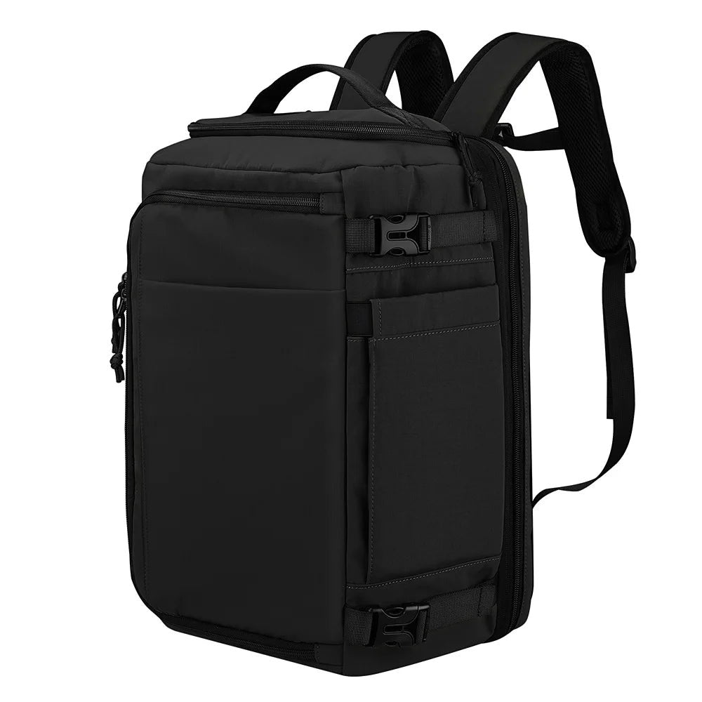 GLOVOYAGE™ black water-resistant travel backpack with expandable 36-56L capacity and ergonomic shoulder straps.