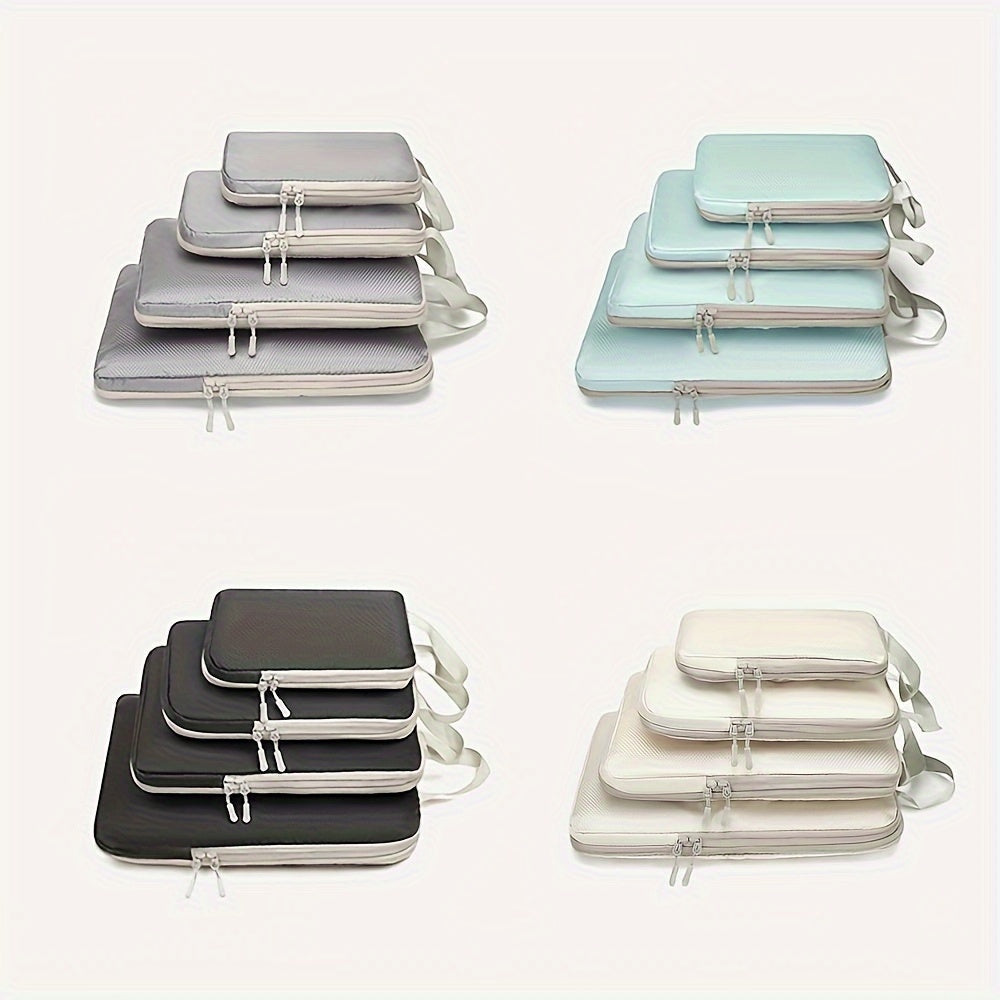 GLOVOYAGE™ 6-piece compression packing cube sets in grey, light blue, black, and white for organized travel luggage.