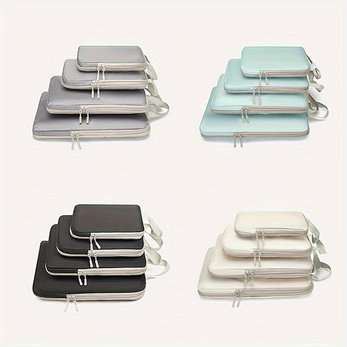 GLOVOYAGE™ 6-piece compression packing cube sets in grey, light blue, black, and white for organized travel luggage.