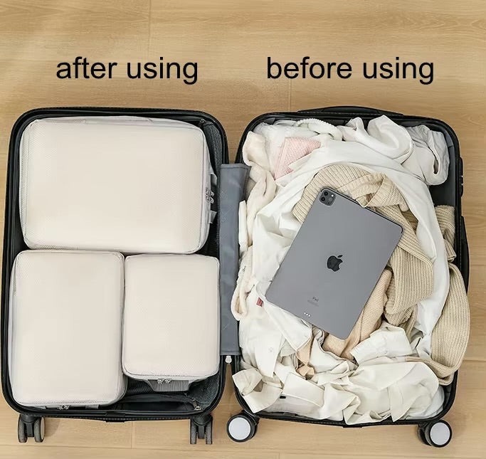GLOVOYAGE™ compression packing cubes showing a comparison of organized luggage versus a cluttered suitcase