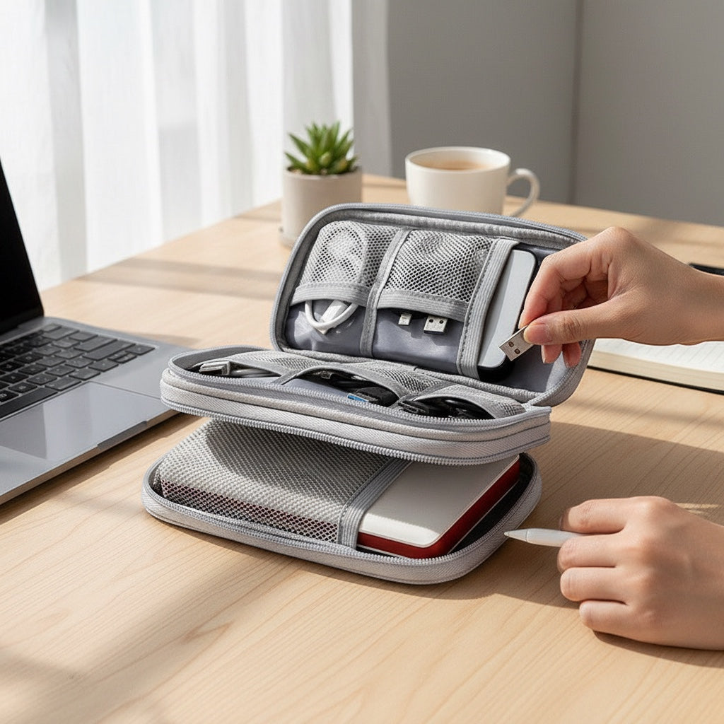 GLOVOYAGE™ double-layer grey travel tech organizer bag with mesh pockets and elastic straps for cables and electronics