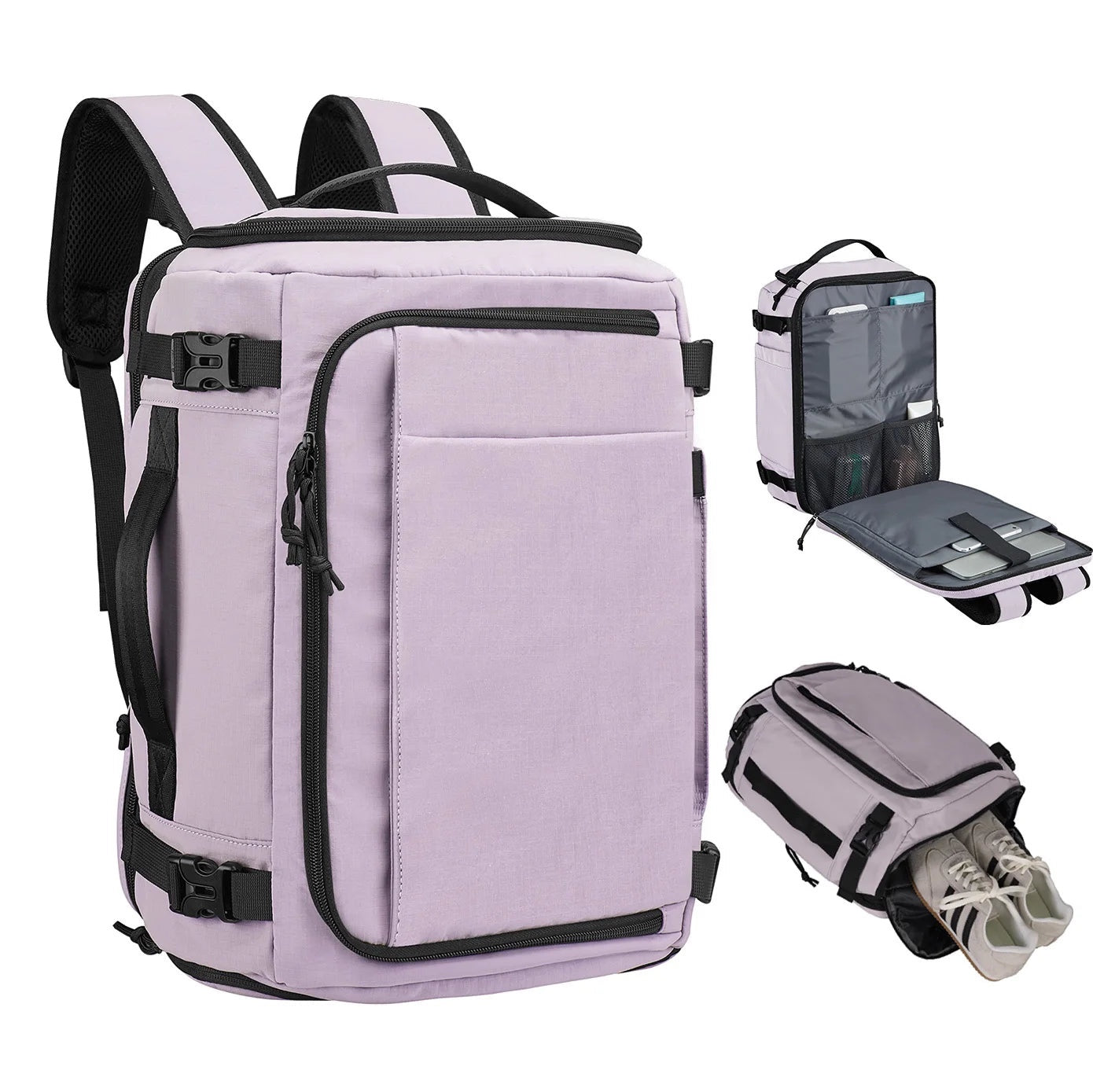 GLOVOYAGE™ expandable travel backpack in light purple nylon with multiple compartments and a dedicated shoe pocket.