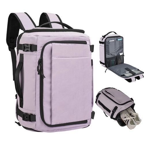 GLOVOYAGE™ expandable travel backpack in light purple nylon with multiple compartments and a dedicated shoe pocket.