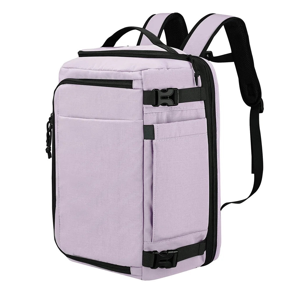 GLOVOYAGE™ water-resistant expandable travel backpack in light purple nylon with black straps and zipper details.