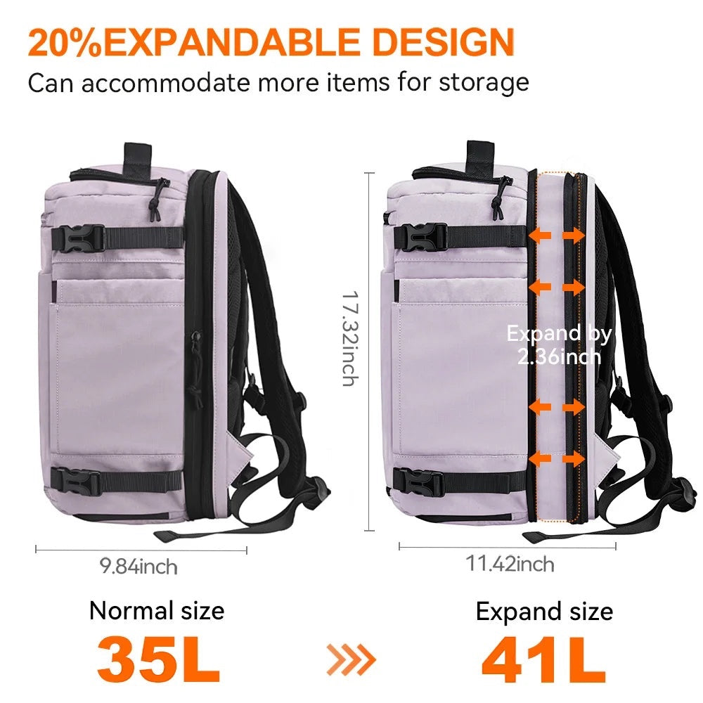 GLOVOYAGE™ expandable travel backpack showing normal and expanded capacity with water-resistant nylon fabric