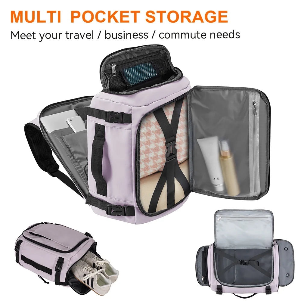GLOVOYAGE™ expandable travel backpack in light purple with multiple interior storage compartments and shoe pocket.