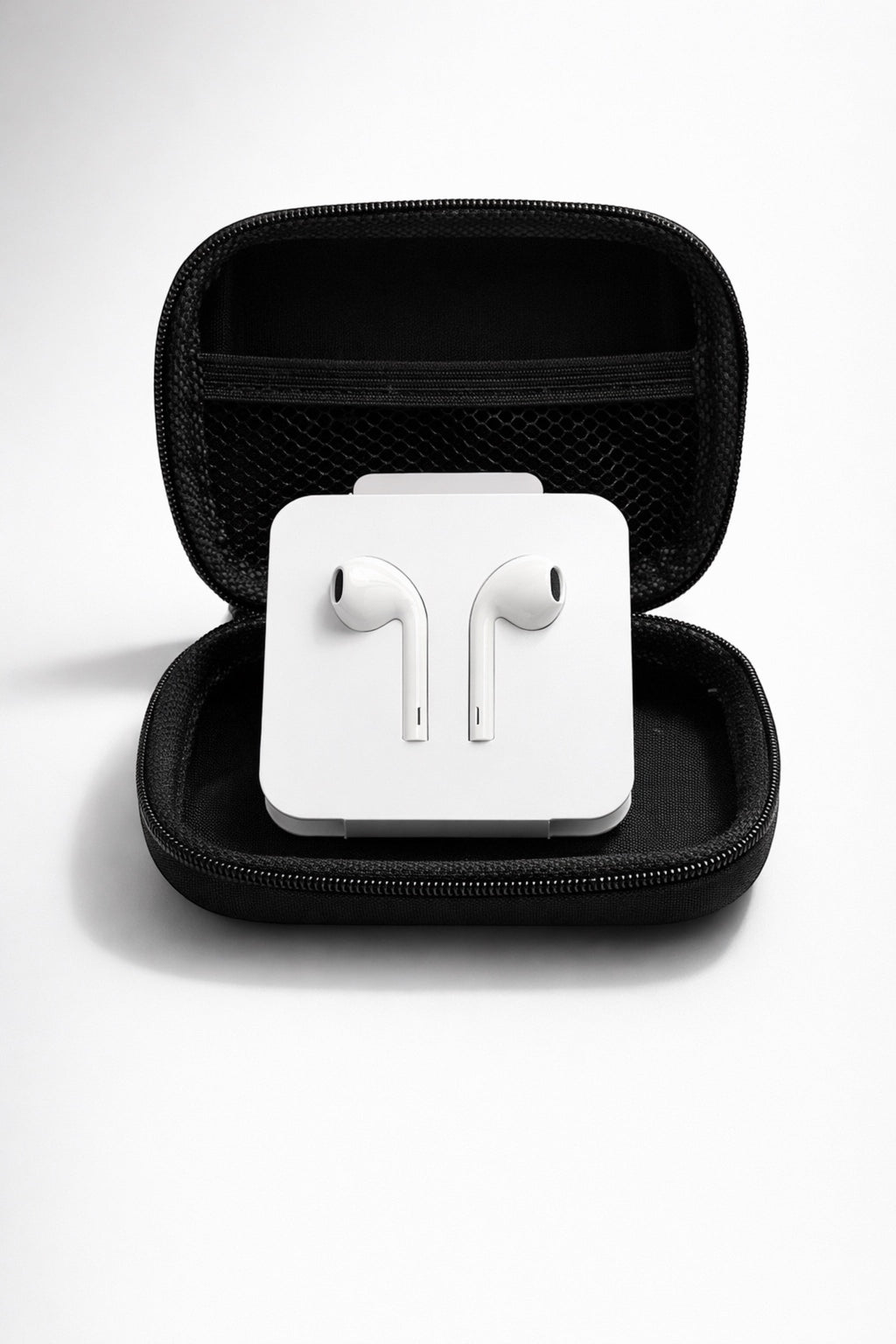 GLOVOYAGE™ Flight Ready Audio Kit featuring white USB-C wired earbuds inside a black EVA hard shell tech organizer case.