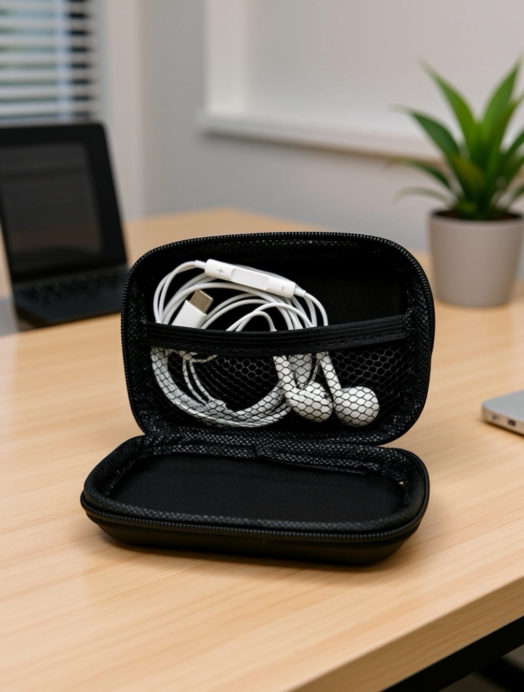 GLOVOYAGE™ Flight Ready Audio Kit featuring white USB-C earbuds stored inside a black EVA hard shell tech organizer.