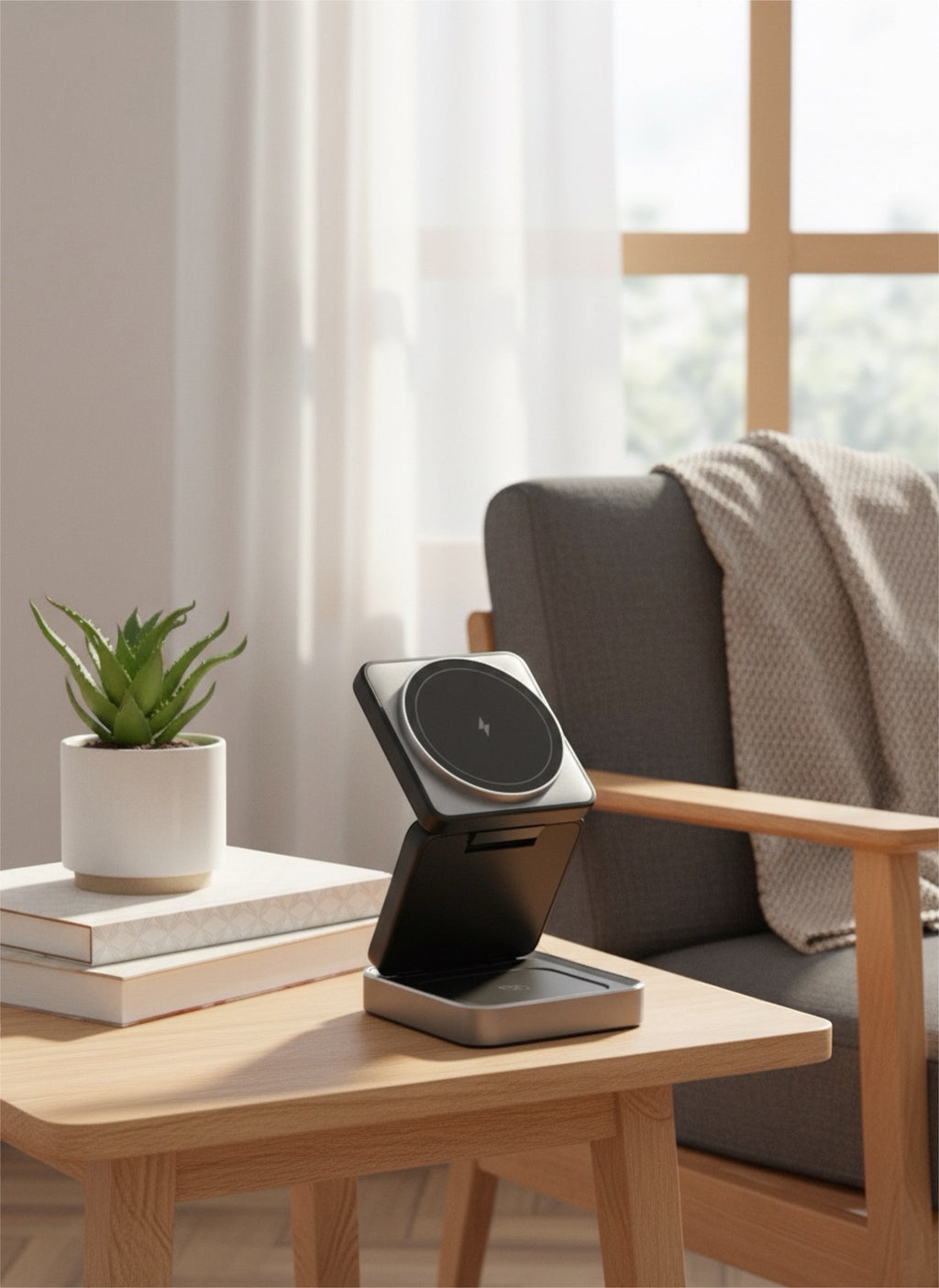 GLOVOYAGE™ 3-in-1 foldable wireless charging station in grey with magnetic alignment, sitting on a wooden side table.