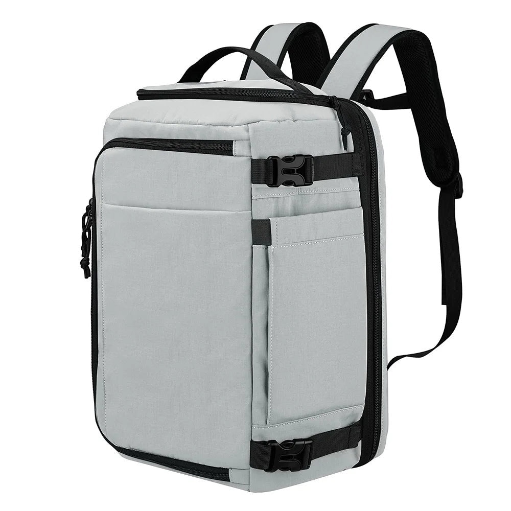 GLOVOYAGE™ grey water-resistant nylon travel backpack with expandable 36-56L capacity and adjustable straps.