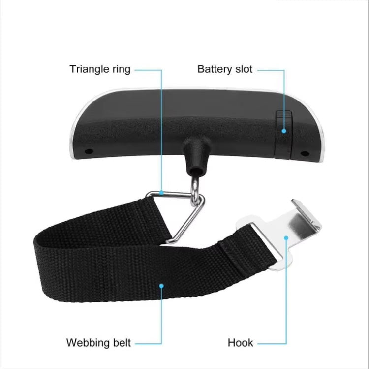 GLOVOYAGE™ portable digital luggage scale featuring a black handle, durable webbing belt, and metal hook for weighing.