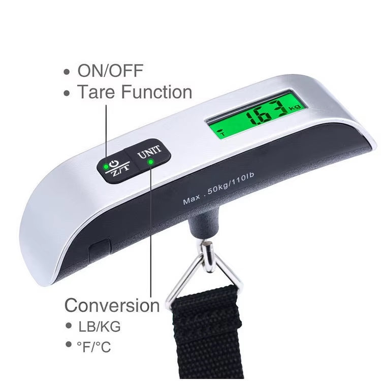 GLOVOYAGE™ digital luggage scale with LCD display, weighing strap, and tare function for travel and airline check-ins.