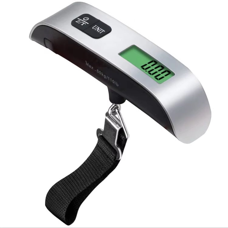 GLOVOYAGE™ portable digital luggage scale with a silver body, black strap, and clear LCD display for travel weighing.