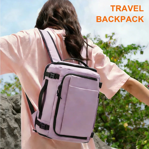 A woman wearing a light purple GLOVOYAGE™ water-resistant expandable travel backpack outdoors.