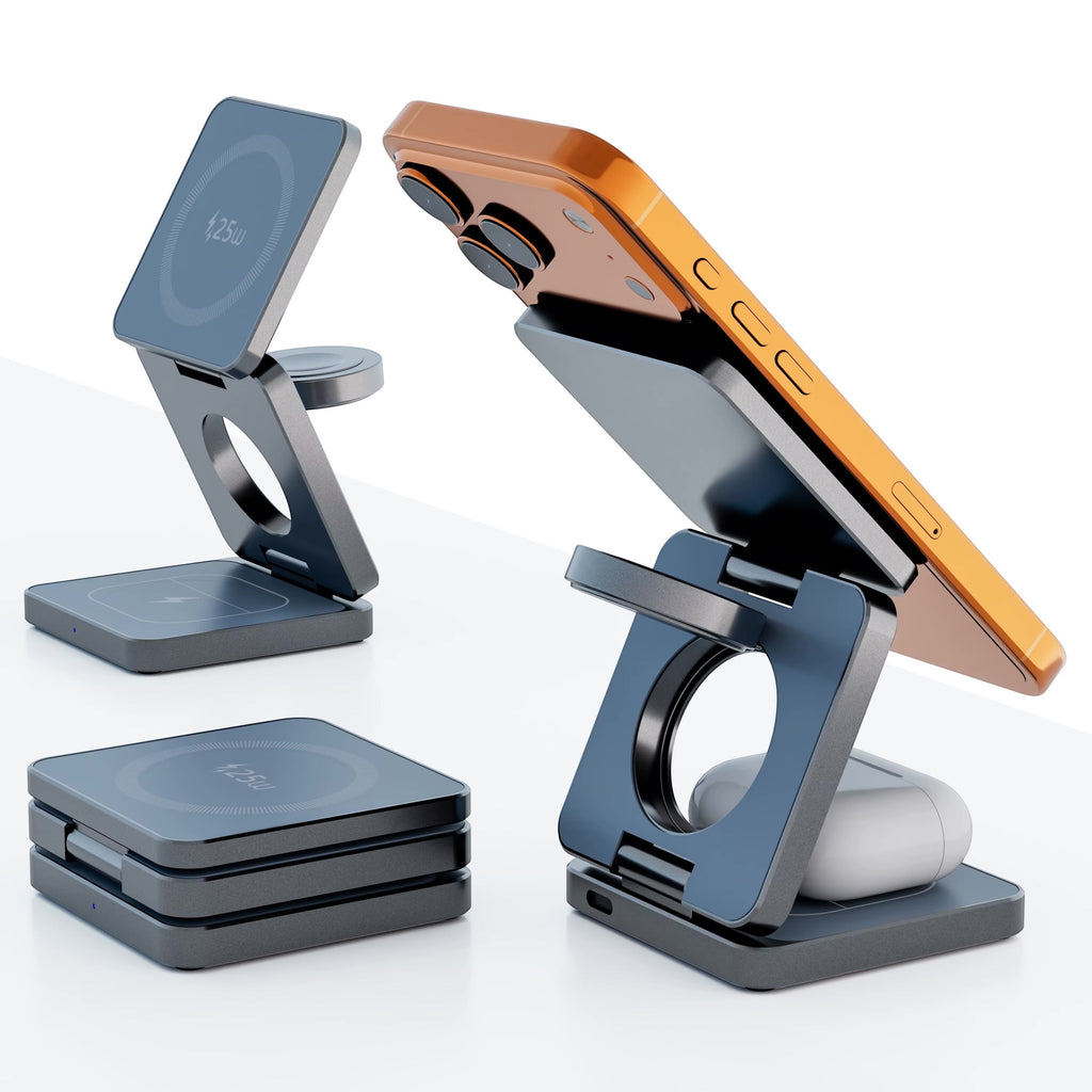 GLOVOYAGE™ Qi2.2 3-in-1 foldable magnetic travel charging dock for iPhone, Apple Watch, and AirPods in dark grey finish.