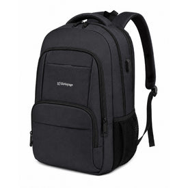 GLOVOYAGE™ TransitPro black water-resistant commuter backpack with clamshell opening and laptop compartment.