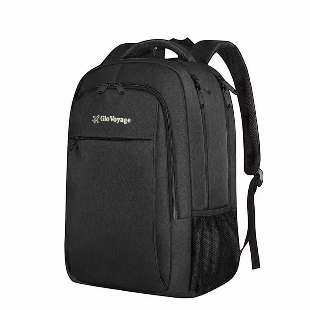 GLOVOYAGE™ TransitPro black travel backpack with padded straps, laptop compartment, and side mesh pockets.