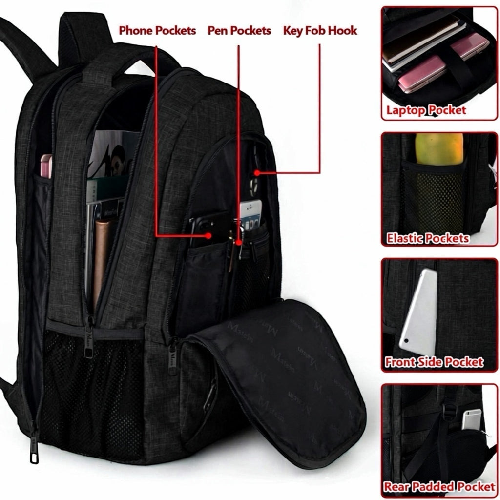 GLOVOYAGE™ TransitPro black travel backpack showing interior organization, laptop sleeve, and multiple storage pockets.