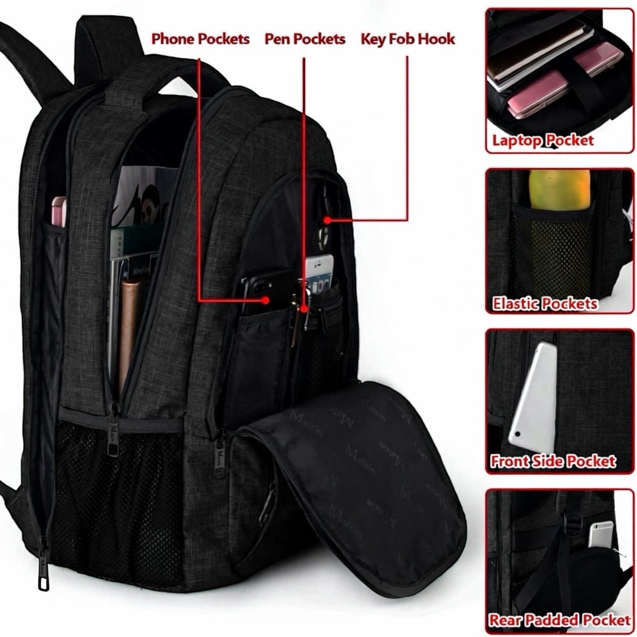 GLOVOYAGE™ TransitPro black travel backpack showing interior organization, laptop sleeve, and multiple storage pockets.