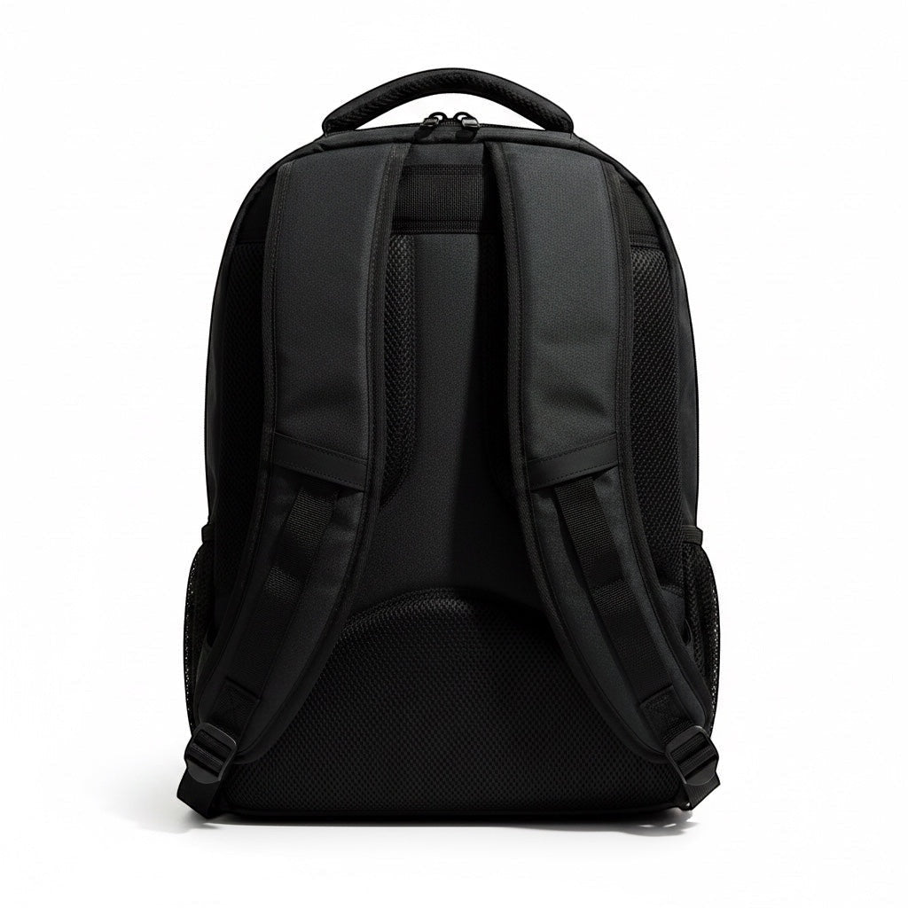 Back view of the black GLOVOYAGE™ TransitPro travel backpack featuring padded shoulder straps and breathable mesh back.