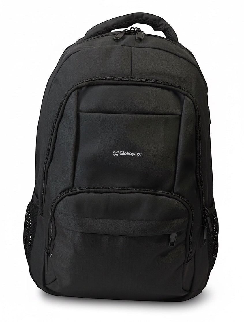 GLOVOYAGE™ TransitPro charcoal black water-resistant polyester commuter backpack with front organization pockets.