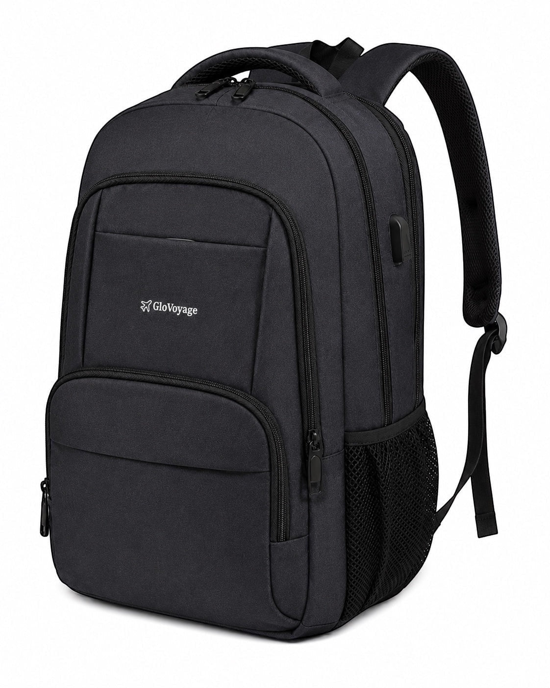 GLOVOYAGE™ TransitPro charcoal black water-resistant polyester commuter backpack with laptop sleeve and side pockets.
