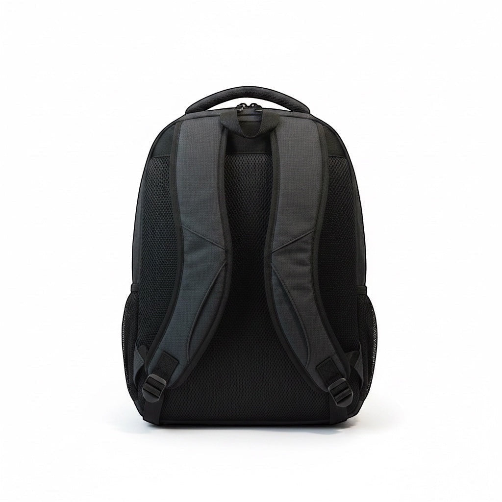 Back view of the GLOVOYAGE™ TransitPro charcoal black commuter backpack with padded airflow straps and mesh back panel.