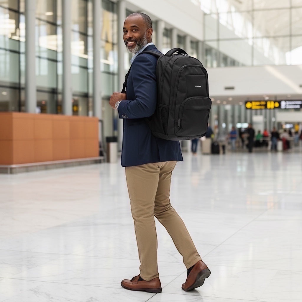 Man in business casual attire wearing a GLOVOYAGE™ TransitPro charcoal black commuter backpack in an airport terminal.